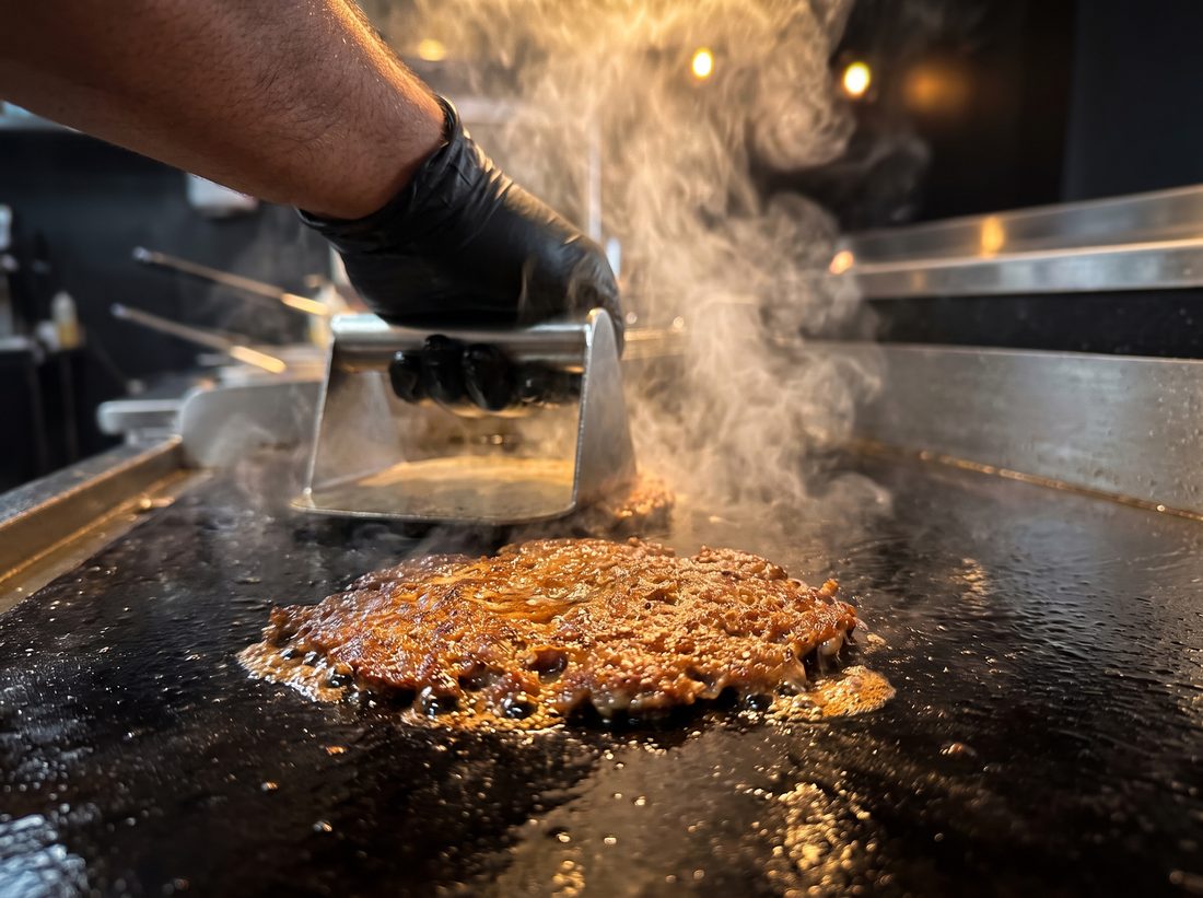 La pressa schiaccia il patty sulla piastra rovente